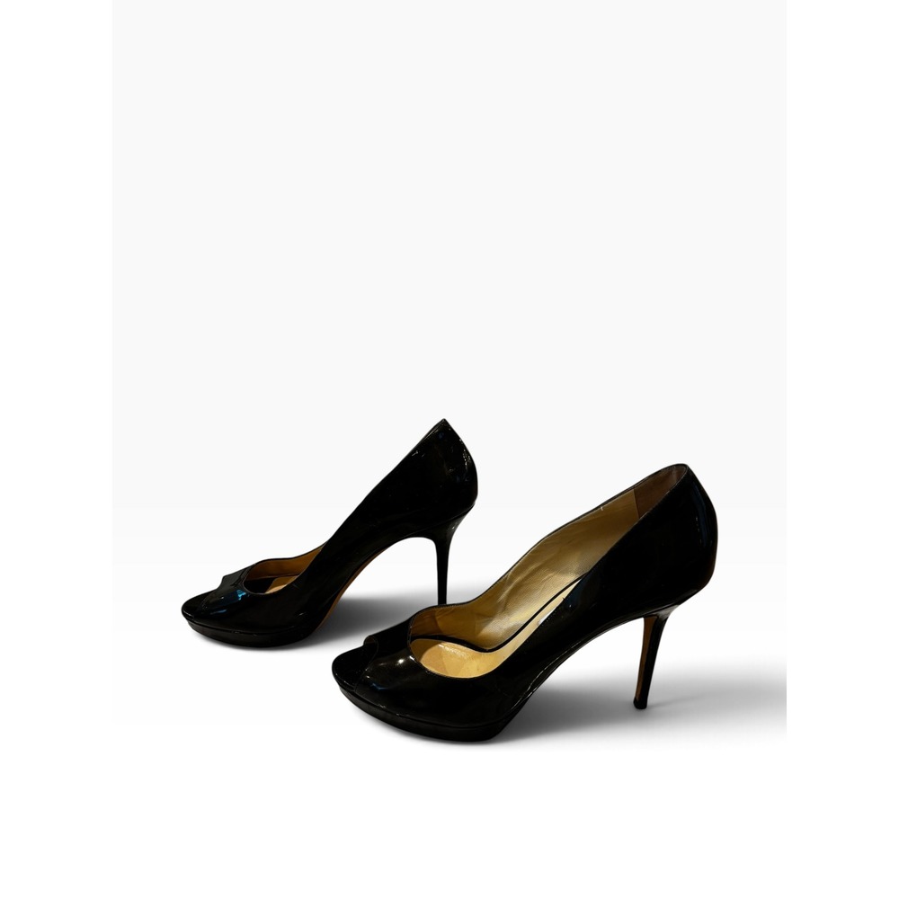 Jimmy Choo Peep Toe Pumps 41 Black Patent Leather Platform Stiletto Heels